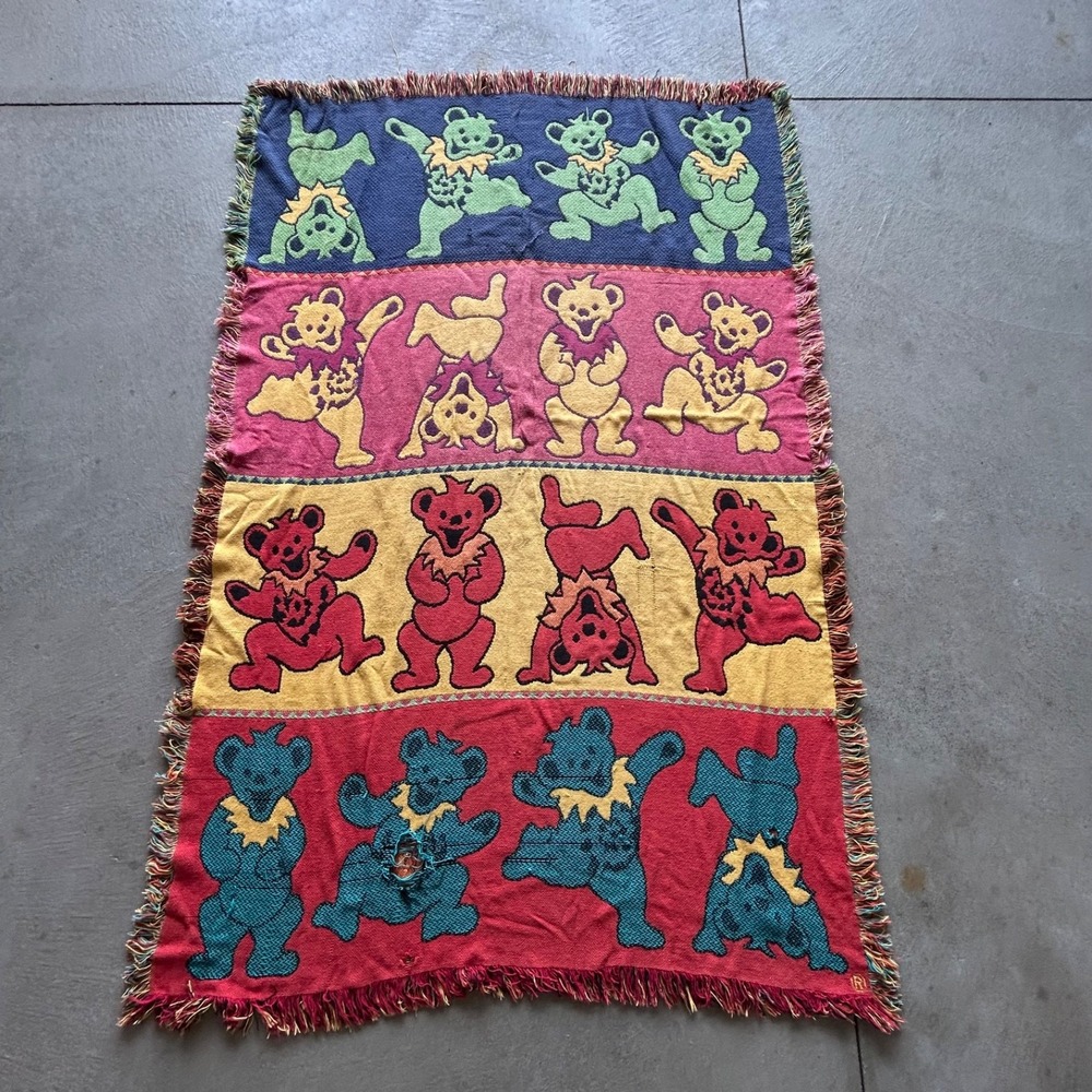 Vintage 90s Grateful Dead Dancing Bears Knit Throw Blanket Hippie Woven 50"x 73"